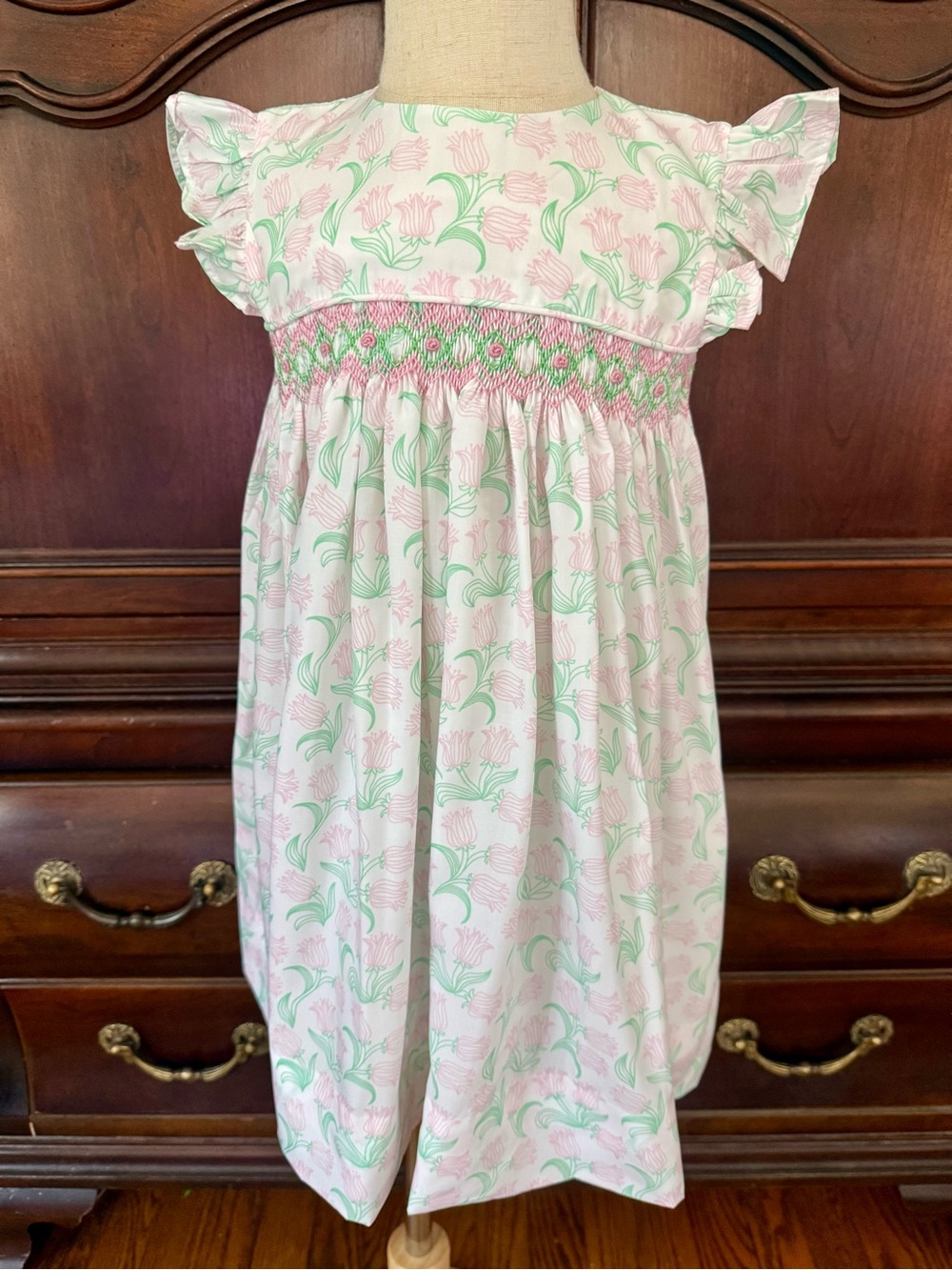 Cecil and Lou Pink Green Palm Print Smocked Dress Girls Size 5 Flutter Sleeve